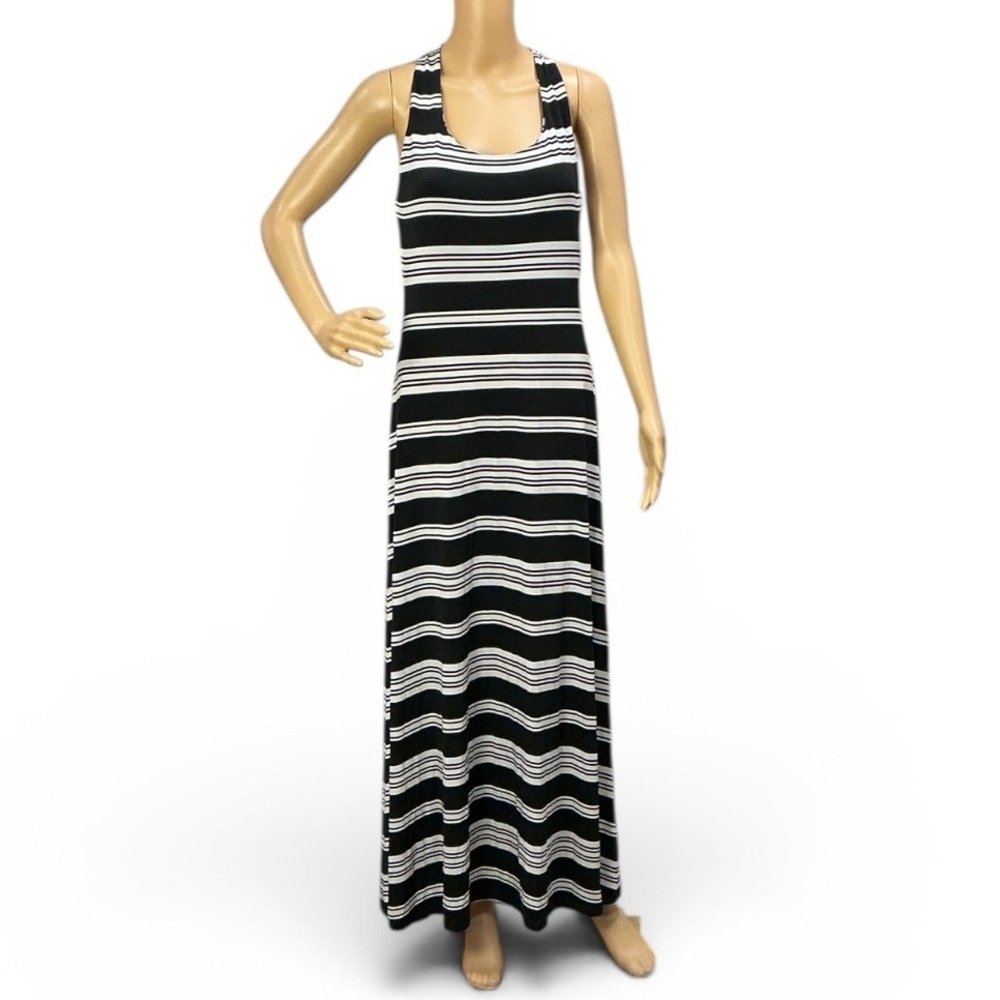 Ivanka Trump Black and White Striped Racerback Maxi Dress